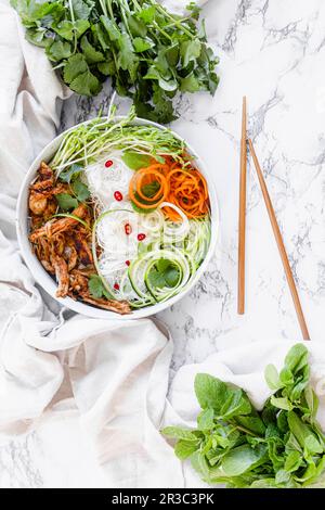 Bol à nouilles de poulet avec courgettes, carottes râpées et herbes fraîches Banque D'Images