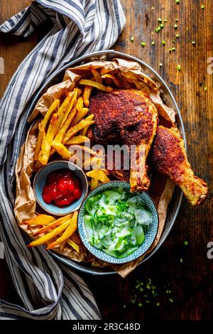Poulet frit avec frites et salade crémeuse de concombre Banque D'Images