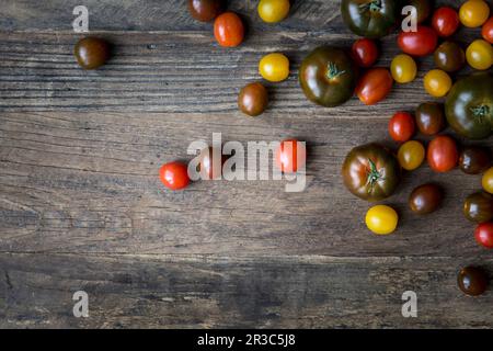 Variétés mixtes de tomates sur une surface en bois Banque D'Images