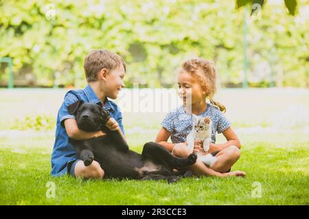 Joyeux frère et sœur bavardant dans le parc Banque D'Images