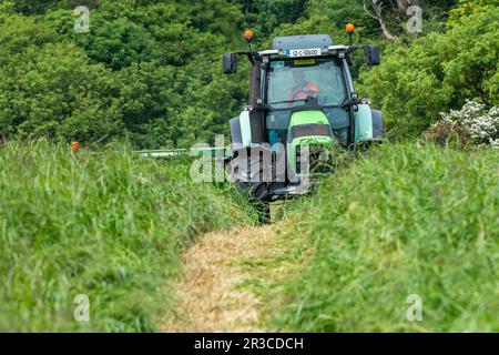 Timoleague, West Cork, Irlande. 23rd mai 2023. Lors d'une journée de temps chaud et couvert, Richard McCarthy, qui exploite des produits laitiers avec son frère Michael, coupe de l'herbe pour l'ensilage prête pour le pressage dans sa ferme de Timoleague, West Cork. Richard utilise un tracteur Deutz-Fahr Agrotron K610 et une faucheuse John Deere 1360. Crédit : AG News/Alay Live News Banque D'Images