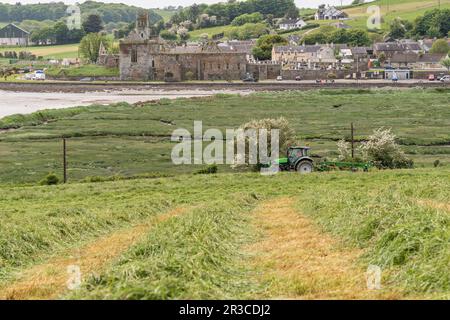 Timoleague, West Cork, Irlande. 23rd mai 2023. Lors d'une journée de temps chaud et couvert, Richard McCarthy, qui exploite des produits laitiers avec son frère Michael, coupe de l'herbe pour l'ensilage prête pour le pressage dans sa ferme de Timoleague, West Cork, avec l'abbaye de Timoleague comme toile de fond. Richard utilise un tracteur Deutz-Fahr Agrotron K610 et une faucheuse John Deere 1360. Crédit : AG News/Alay Live News Banque D'Images