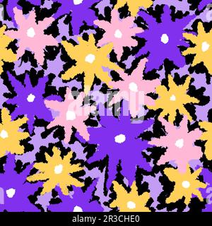 Motif sans couture dessiné à la main de fleurs colorées bleu violet rose jaune, imprimé fleuri été printemps. Fleur en forme de fleur claire, moderne et vive, motif botanique abstrait tendance, pétales de pâquerettes pour papier d'emballage textile Banque D'Images