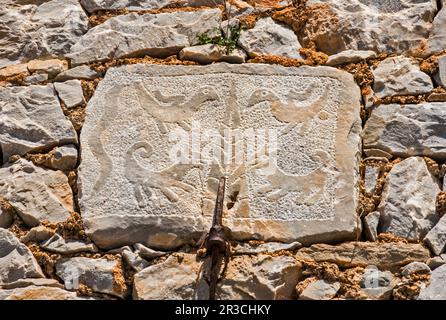 Sculptures à l'église Taxiarches, 18th siècle, village de montagne de Tseria, près de Kardamyli, Mani Messenian, Exo Mani, région du Péloponnèse, Grèce Banque D'Images