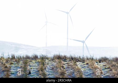 Trois éoliennes qui se manifestent à travers la brume, avec un jet de neige légère, dans les collines écossaises. Banque D'Images