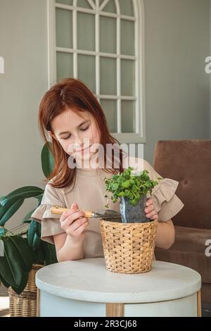 Petite fille plantant des graines dans les pots. Enfant aidant à s'occuper des plantes à domicile. Jardinage à la maison, plantes de transplantation, semis Banque D'Images