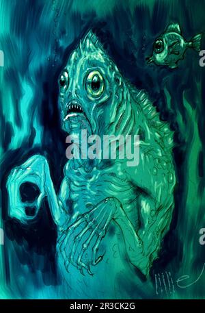 Art: Deep One, espèce fictive d'humanoïdes de l'océan, créé par H. P. Lovecraft pour son histoire "dagon" nommé dans l'ombre sur Innsmouth. Banque D'Images