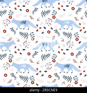 Motif hiver sans coutures. Motif de Noël sans couture avec renards, branches d'hiver, baies et fleurs Illustration de Vecteur