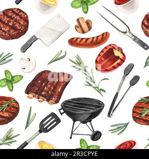 Barbecue à motif aquarelle sans couture. Éléments pour cuisiner un barbecue - grill, poulet et viande. Illustration dessinée à la main isolée sur fond blanc Banque D'Images