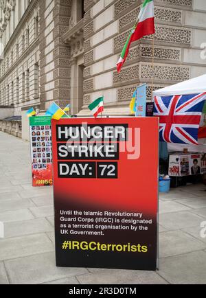 Le camp à l'extérieur du Bureau des affaires étrangères et du Commonwealth à Whitehall, Londres, Royaume-Uni, où Vahid Beheshti était en grève de la faim pendant 72 jours avant d'être pris Banque D'Images