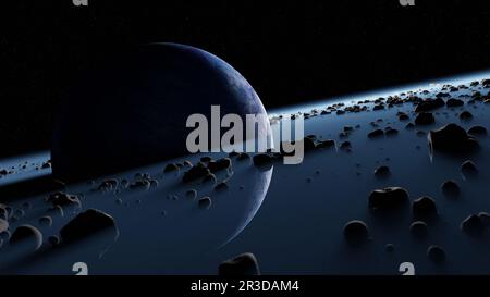 La planète Pandore entourait la ceinture d'astéroïdes, anneaux épave de la planète détruite. Protoplanet bleu dans l'espace cosmos noir de l'univers. 3d rendu Banque D'Images