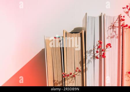 Pile de vieux livres avec des fleurs de souffle de babayes. Lecture confortable. Fleurs de gitsophila rose délicates. Concept de vie lente. Unité avec na Banque D'Images