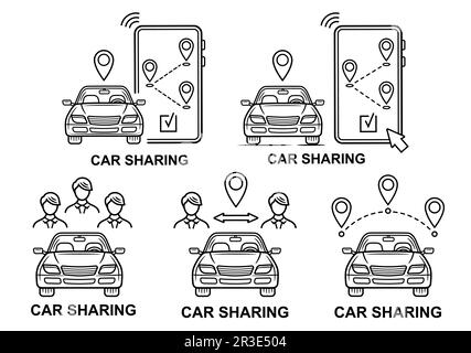 Service de partage de voiture, icône de location de ligne de transport automatique définie. Voiture de location en ligne. Partage de voiture de passagers. Itinéraire routier dans l'application pour téléphone mobile. Vecteur Illustration de Vecteur