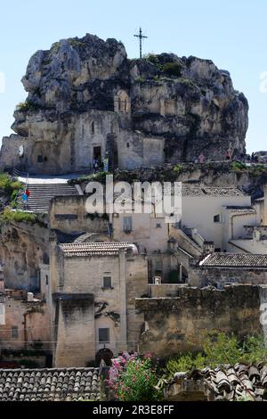 Vues spectaculaires sur Santa Maria de Idris, l'une des églises rupestres de Sasso Caveoso, Matera, Basilicate Banque D'Images