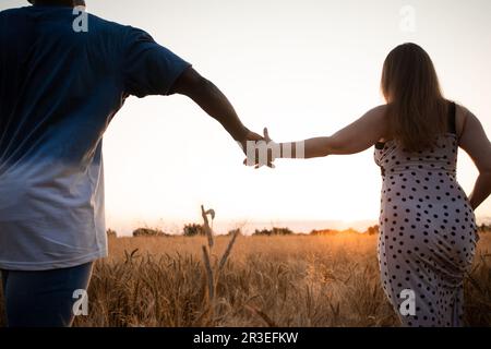 Couple tenant les mains en marchant dans le champ Banque D'Images