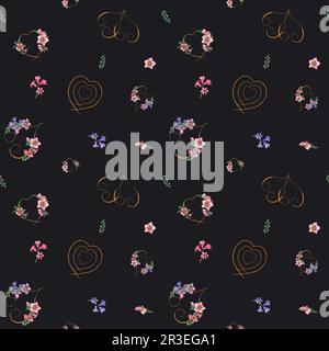 Aquarelle combinaison romantique des hellébores, coeurs dorés et des plantes isolées sur fond noir. Illustration florale pour la décoration de la chambre, l'imprimé Banque D'Images