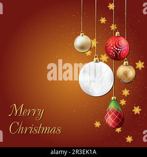 Bannière avec guirlande et décorations pour arbres de Noël. Boules d'or, blanches, rouges et flocons de neige tombant. Modèle pour prospectus, Banque D'Images