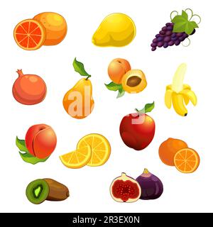 Ensemble de 13 morceaux de fruits différents sur fond blanc Banque D'Images