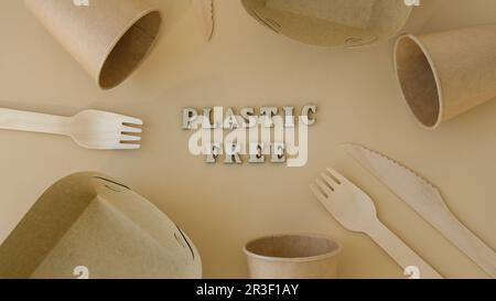 TEXTE LIBRE EN PLASTIQUE autour de la vaisselle écologique, jetable, recyclable, compostable. Boîtes à nourriture en papier, plats sur beige neutre Banque D'Images