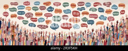 Many raised hands of multicultural people from different nations and continents with speech bubbles with text -thank you- in various languages Illustration de Vecteur