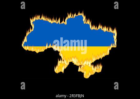 Carte de la frontière du pays de l'Ukraine tracé à partir de l'effet de flammes brûlées Banque D'Images