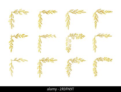 Ensemble de cadres à fleurs et bordure d'angle dorée. Dessin rustique à la main boarder d'angle doré pour cadre floral élément de conception, motif fantaisie de fleur. Illustration vectorielle Illustration de Vecteur