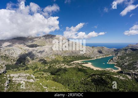 Réservoir de Gorg Blau et Puig Major, la plus haute de l'île de Majorque, 1445 mètres au-dessus du niveau de la mer, de la Sierra de Tramuntana, municipalité de Escorca, Majorque, Iles Baléares, Espagne, Europe. Banque D'Images