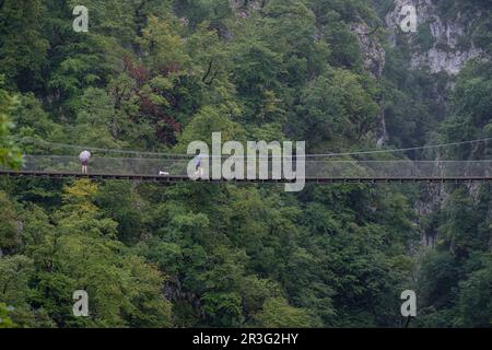 Senderistas con paraguas sobre la pasarela dHoltzarte, gargantas de Holzarté, Larrau, región de Aquitania, departamento de Pirineos Atlánticos, Francia. Banque D'Images