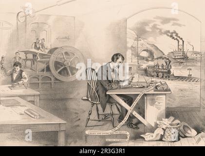 Le progrès du siècle. La presse à vapeur éclair, le télégraphe électrique, la locomotive et le bateau à vapeur. Banque D'Images