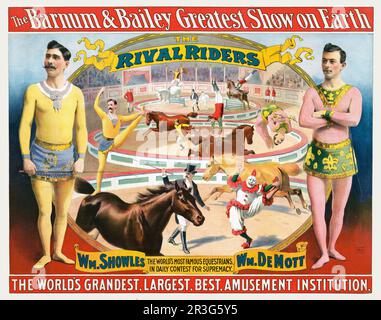 Affiche de cirque Barnum & Bailey d'époque montrant des équitrians, des chevaux et des clown mâles, vers 1895. Banque D'Images