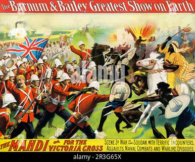 Affiche de cirque vintage Barnum & Bailey montrant une scène de bataille entre les soldats britanniques et les Mahdistes au Soudan, vers 1897. Banque D'Images