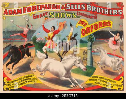 Vintage Adam Forepaugh & vend Brothers poster de cirque montrant des cavaliers de dos de cheval effectuant des cascades, vers 1897. Banque D'Images