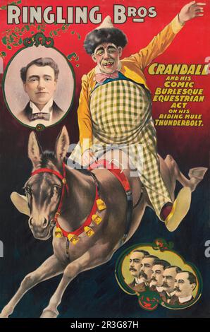 Affiche de cirque vintage Ringling Brothers montrant Crandall le clown en train de jouer avec sa mule, vers 1899. Banque D'Images