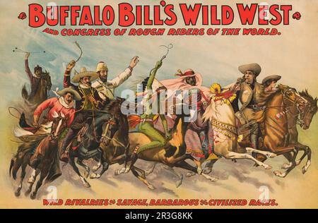 Affiche ancienne montrant Buffalo Bill avec des hommes de diverses nationalités à cheval, vers 1898. Banque D'Images