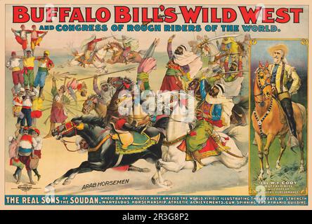 Affiche de cirque Wild West de Buffalo Bill's vintage montrant un cheval de cavaliers arabes, qui se produit à cheval, vers 1899. Banque D'Images