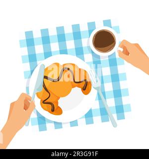 Délicieux petit déjeuner sur une assiette vue. Croissant au chocolat et au café. Table avec nappe. Les mains tiennent la fourche et le couteau. Vecteur. Illustration de Vecteur