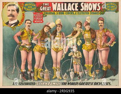 Une affiche annonçant le Grand Wallace montre le cirque, montrant une famille en robe de cirque avec des vélos, vers 1898. Banque D'Images