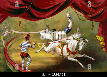 Affiche de cirque vintage montrant acrobat sur le cheval. Banque D'Images