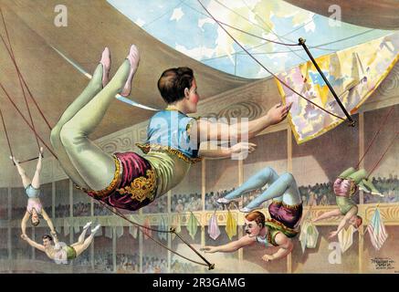 Imprimé graphique vintage de cinq acrobates de sexe masculin dans un cirque. vers 1890. Banque D'Images