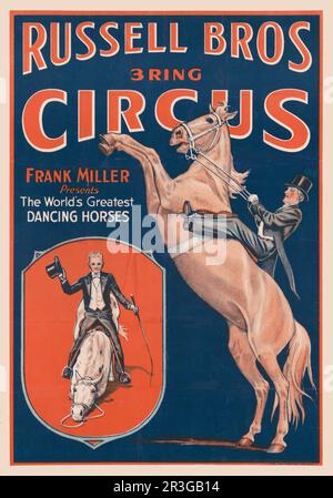 Affiche de cirque Russell Brothers vintage. Frank Miller présente les plus grands chevaux de danse du monde. Banque D'Images