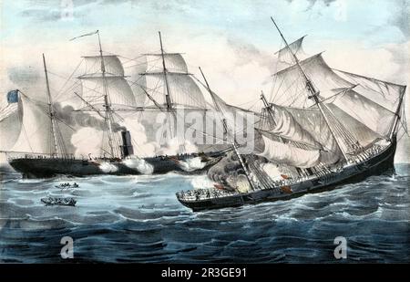 19 juin 1864 - États-Unis Boucle de guerre de la Marine USS Kearsarge naufrage CSS Alabama au large de Cherbourg France. Banque D'Images