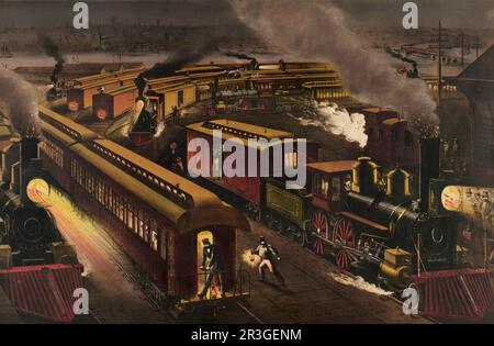 Vintage 19th siècle illustration de plusieurs trains de voyageurs et de fret dans une gare pendant la nuit. Banque D'Images