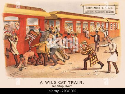 Illustration d'un dessin animé vintage montrant des gens qui se bousculent pour prendre le train à la gare de Chokemoff. Banque D'Images