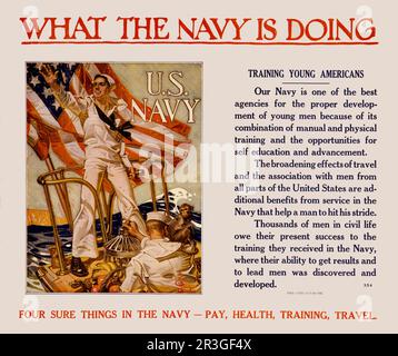 Affiche vintage montrant des marins en mer avec un drapeau américain. Banque D'Images