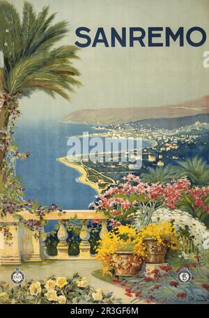 Affiche de voyage vintage montrant le littoral de San Remo depuis une terrasse, vers 1920. Banque D'Images