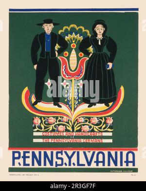 Affiche de voyage vintage 1936 faisant la promotion du comté de Lancaster, en Pennsylvanie, montrant un couple Amish. Banque D'Images