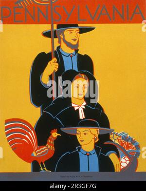 Affiche de voyage vintage 1936 faisant la promotion du comté de Lancaster, en Pennsylvanie, montrant une famille Amish. Banque D'Images