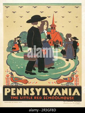 Affiche de voyage vintage 1936 faisant la promotion de la Pennsylvanie, montrant les enfants fréquentant l'école. Banque D'Images