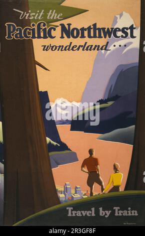 Affiche de voyage vintage montrant un homme et une femme qui surplombent les montagnes parmi les séquoias, vers 1925. Banque D'Images