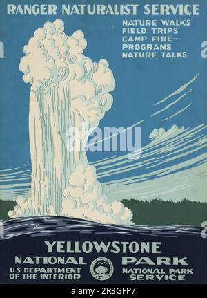 Affiche de voyage vintage pour le parc national de Yellowstone, montre Old Faithful Eruption, vers 1938. Banque D'Images